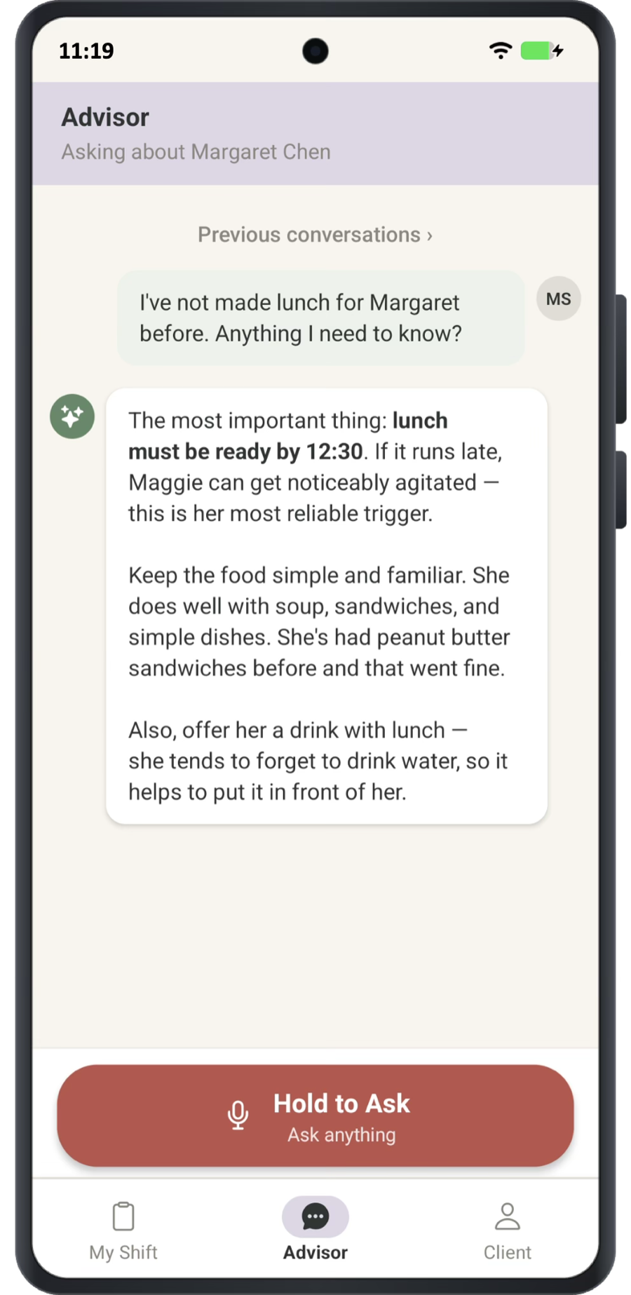 The CareDepth advisor screen on an Android phone, answering an aide's question about lunch for a specific client.